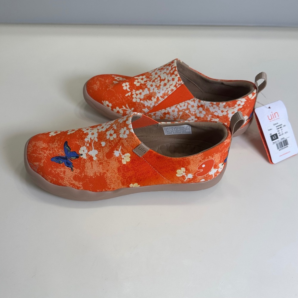 Uin Art Travel Shoes Sakura Orange Floral Butterfly Slip On Loafers Mens 4 W 6.5 - Picture 5 of 11